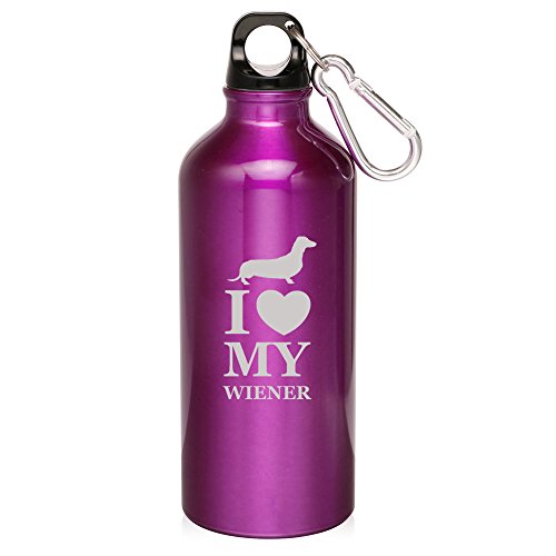 20oz Aluminum Sports Water Bottle Caribiner Clip I Love My w*ener Dachshund Dog (Purple)