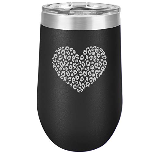 16 oz Double Wall Vacuum Insulated Stainless Steel Stemless Wine Tumbler Glass Coffee Travel Mug With Lid Leopard Print Love Heart