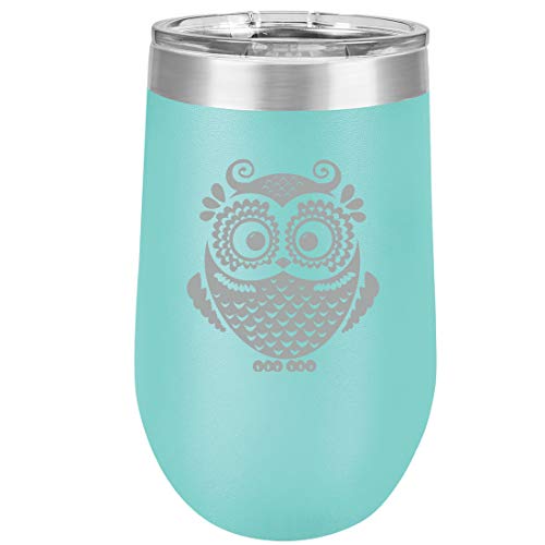 16 oz Double Wall Vacuum Insulated Stainless Steel Stemless Wine Tumbler Glass Coffee Travel Mug With Lid Owl Vintage (Teal)
