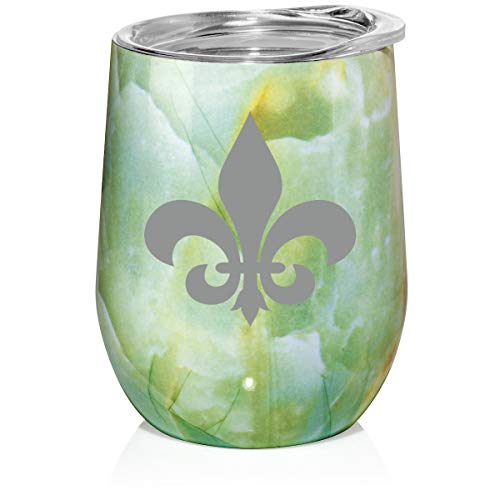 12 oz Double Wall Vacuum Insulated Stainless Steel Marble Stemless Wine Tumbler Glass Coffee Travel Mug With Lid Fleur-De-Lis (Turquoise Green Marble)