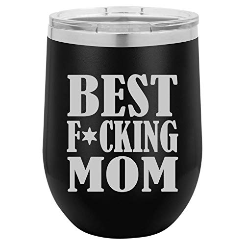 12 oz Double Wall Vacuum Insulated Stainless Steel Stemless Wine Tumbler Glass Coffee Travel Mug With Lid Best F ing Mom Mother (Black)