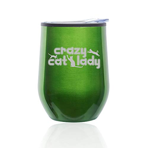 Stemless Wine Tumbler Coffee Travel Mug Glass With Lid Crazy Cat Lady (Green)