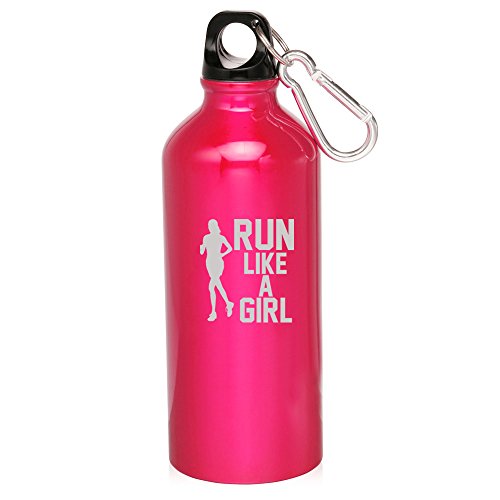 20oz Aluminum Sports Water Bottle Caribiner Clip Run Like A Girl (Hot Pink)