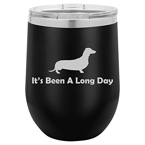 12 oz Double Wall Vacuum Insulated Stainless Steel Stemless Wine Tumbler Glass Coffee Travel Mug With Lid It's Been A Long Day Dachshund (Black)