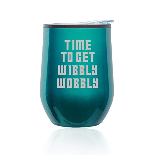 Stemless Wine Tumbler Coffee Travel Mug Glass With Lid Time To Get Wibbly Wobbly (Turquoise Teal)