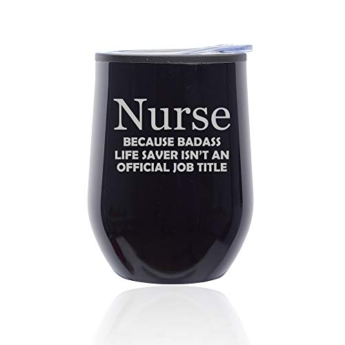 Stemless Wine Tumbler Coffee Travel Mug Glass With Lid Nurse Job Title Funny (Midnight Black)