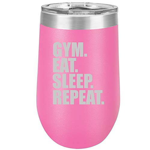 16 oz Double Wall Vacuum Insulated Stainless Steel Stemless Wine Tumbler Glass Coffee Travel Mug With Lid Gym Eat Sleep Repeat (Hot Pink)