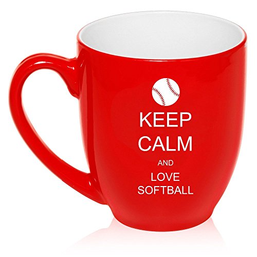 16 oz Large Bistro Mug Ceramic Coffee Tea Glass Cup Keep Calm and Love Softball (Red)