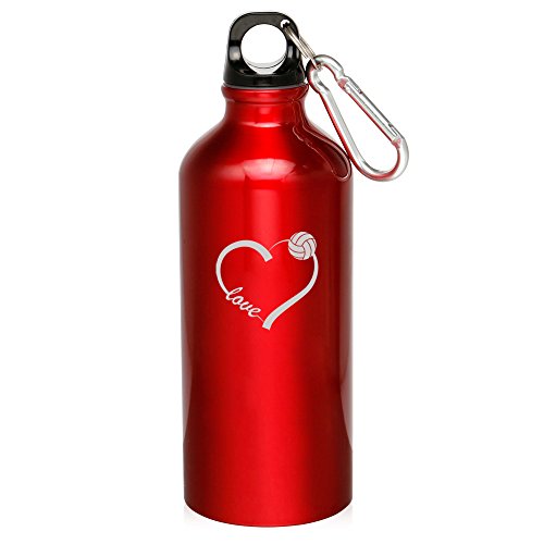 20oz Aluminum Sports Water Bottle Caribiner Clip Love Volleyball Heart (Red)