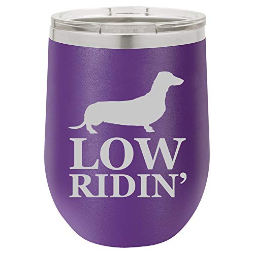 12 oz Double Wall Vacuum Insulated Stainless Steel Stemless Wine Tumbler Glass Coffee Travel Mug With Lid Low Ridin' Dachshund (Purple)