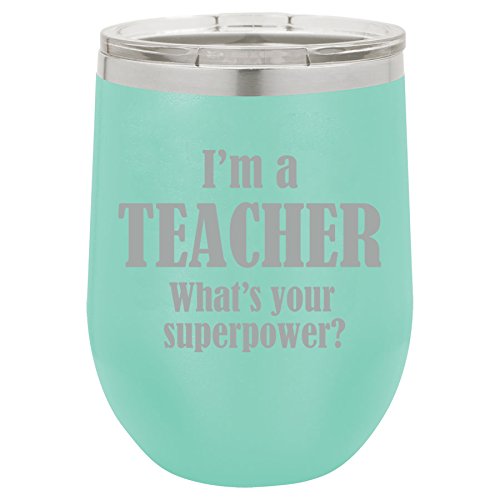 12 oz Double Wall Vacuum Insulated Stainless Steel Stemless Wine Tumbler Glass Coffee Travel Mug With Lid Teacher Superpower (Teal)