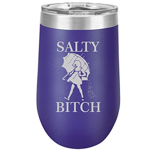 16 oz Double Wall Vacuum Insulated Stainless Steel Stemless Wine Tumbler Glass Coffee Travel Mug With Lid Salty Btch Funny (Purple)