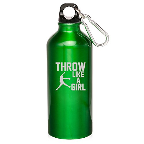 20oz Aluminum Sports Water Bottle Caribiner Clip Throw Like A Girl Softball (Green)