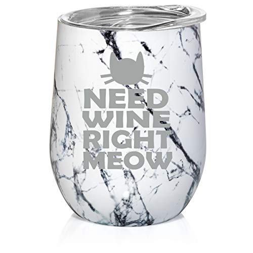 12 oz Double Wall Vacuum Insulated Stainless Steel Marble Stemless Wine Tumbler Glass Coffee Travel Mug With Lid Cat Funny Need Wine Right Meow (Black White Marble)