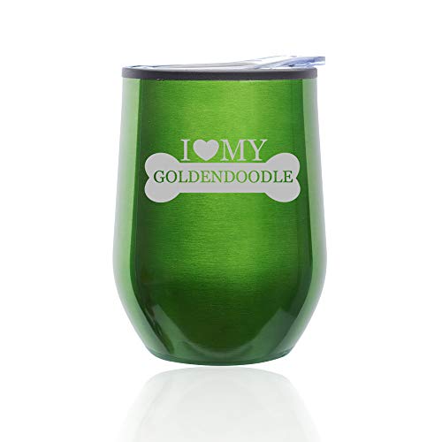 Stemless Wine Tumbler Coffee Travel Mug Glass With Lid I Love My Goldendoodle (Green)