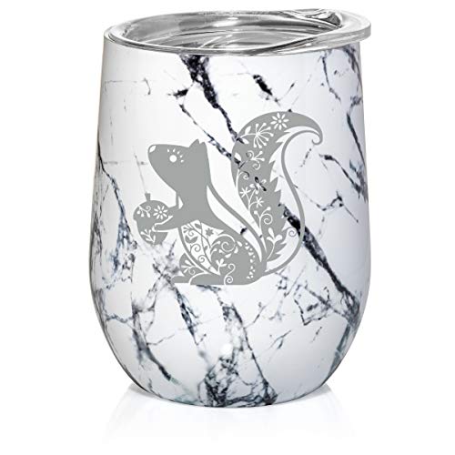 12 oz Double Wall Vacuum Insulated Stainless Steel Marble Stemless Wine Tumbler Glass Coffee Travel Mug With Lid Fancy Squirrel (Black White Marble)