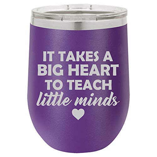 12 oz Double Wall Vacuum Insulated Stainless Steel Stemless Wine Tumbler Glass Coffee Travel Mug With Lid Teacher It Takes A Big Heart To Teach Little Minds (Purple)