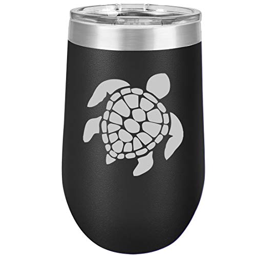 16 oz Double Wall Vacuum Insulated Stainless Steel Stemless Wine Tumbler Glass Coffee Travel Mug With Lid Sea Turtle (Black)