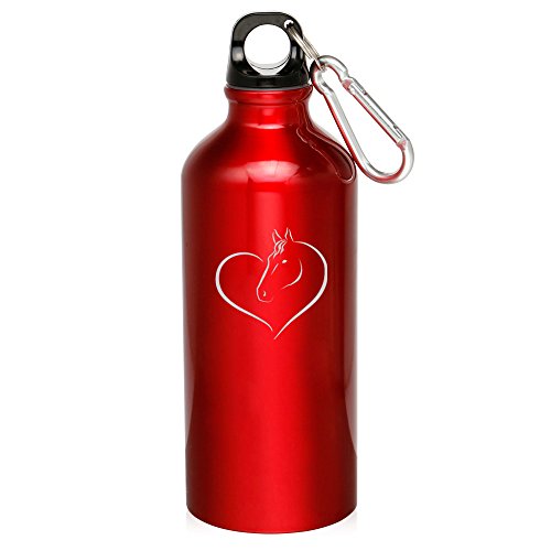 20oz Aluminum Sports Water Bottle Caribiner Clip Heart Horse (Red)