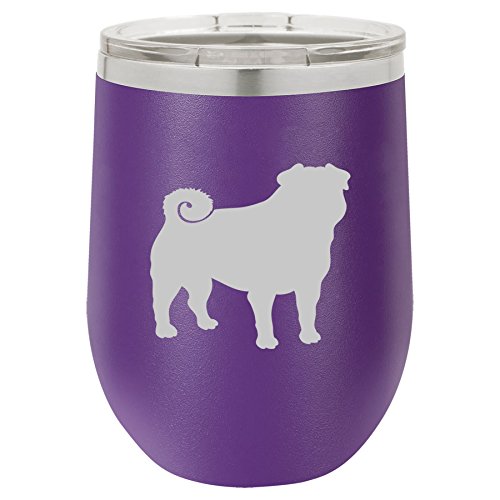 12 oz Double Wall Vacuum Insulated Stainless Steel Stemless Wine Tumbler Glass Coffee Travel Mug With Lid Pug (Purple)