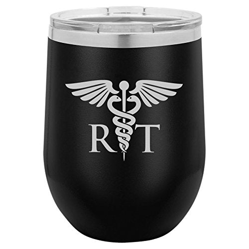 12 oz Double Wall Vacuum Insulated Stainless Steel Stemless Wine Tumbler Glass Coffee Travel Mug With Lid RT Respiratory Therapist (Black)