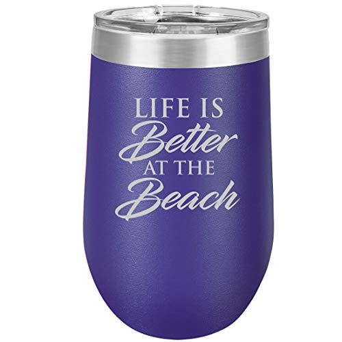 16 oz Double Wall Vacuum Insulated Stainless Steel Stemless Wine Tumbler Glass Coffee Travel Mug With Lid Life Is Better At The Beach (Purple)