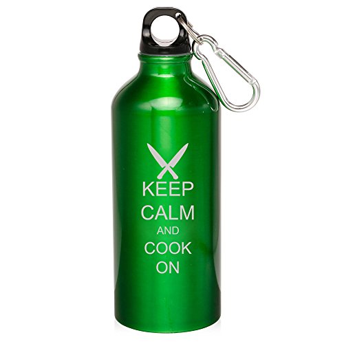 20oz Aluminum Sports Water Bottle Caribiner Clip Keep Calm and Cook On Chef Knives (Green)