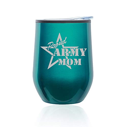 Stemless Wine Tumbler Coffee Travel Mug Glass With Lid Proud Army Mom (Turquoise Teal)