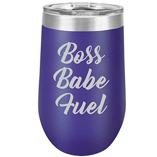 16 oz Double Wall Vacuum Insulated Stainless Steel Stemless Wine Tumbler Glass Coffee Travel Mug With Lid Boss Babe Fuel (Purple)