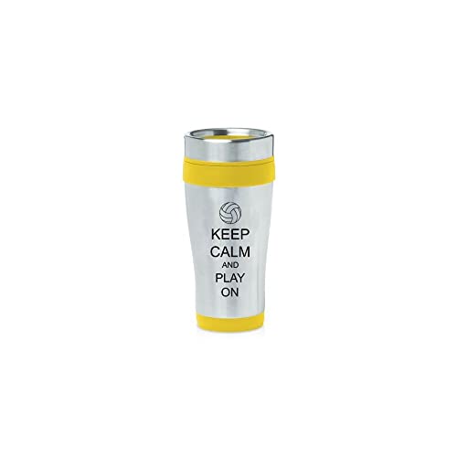 Yellow 16oz Insulated Stainless Steel Travel Mug Z513 Keep Calm and Play On Volleyball,MIP