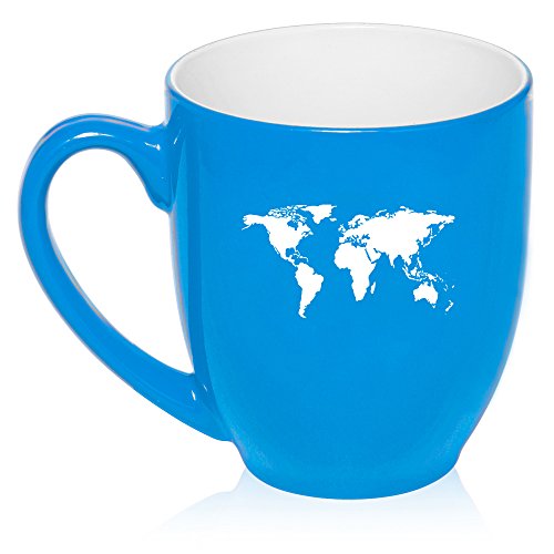 16 oz Large Bistro Mug Ceramic Coffee Tea Glass Cup World Map (Light Blue)