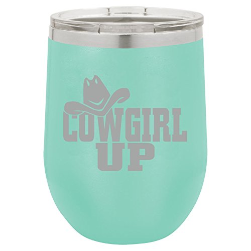 12 oz Double Wall Vacuum Insulated Stainless Steel Stemless Wine Tumbler Glass Coffee Travel Mug With Lid Cowgirl Up With Hat (Teal)