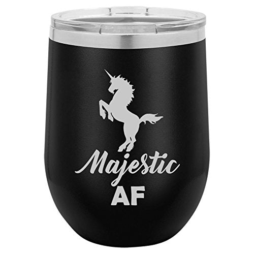 12 oz Double Wall Vacuum Insulated Stainless Steel Stemless Wine Tumbler Glass Coffee Travel Mug With Lid Majestic AF Unicorn (Black)