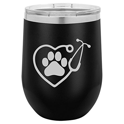 12 oz Double Wall Vacuum Insulated Stainless Steel Stemless Wine Tumbler Glass Coffee Travel Mug With Lid Heart Stethoscope Vet Tech Veterinarian (Black)