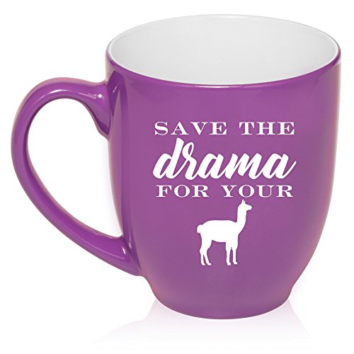 16 oz Large Bistro Mug Ceramic Coffee Tea Glass Cup Save The Drama For Your Llama (Purple)