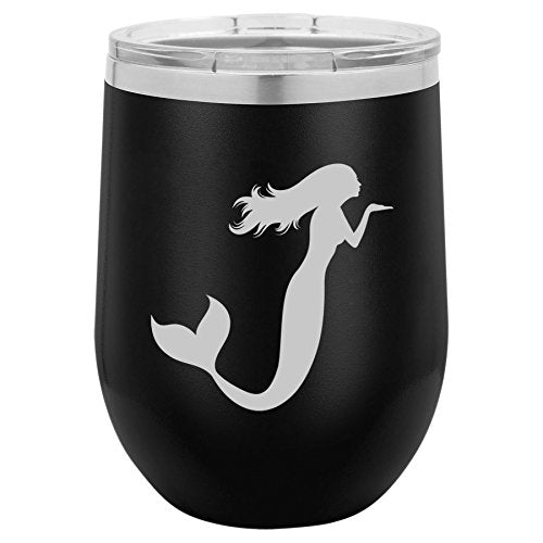 12 oz Double Wall Vacuum Insulated Stainless Steel Stemless Wine Tumbler Glass Coffee Travel Mug With Lid Mermaid (Black)