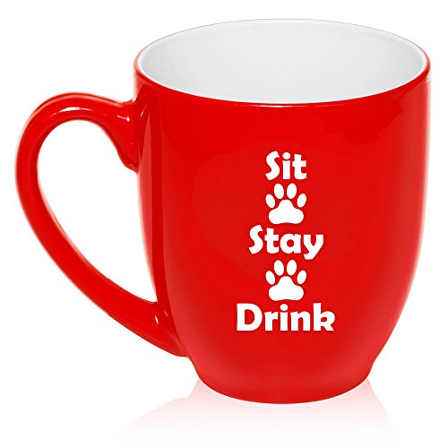 16 oz Large Bistro Mug Ceramic Coffee Tea Glass Cup Sit Stay Drink Funny Paw Prints Dog Cat Animal Lover (Red)
