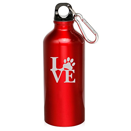 20oz Aluminum Sports Water Bottle Caribiner Clip Love Paw Print (Red)