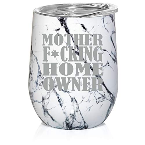 12 oz Double Wall Vacuum Insulated Stainless Steel Marble Stemless Wine Tumbler Glass Coffee Travel Mug With Lid Mother F ing Home Owner House Warming (Black White Marble)