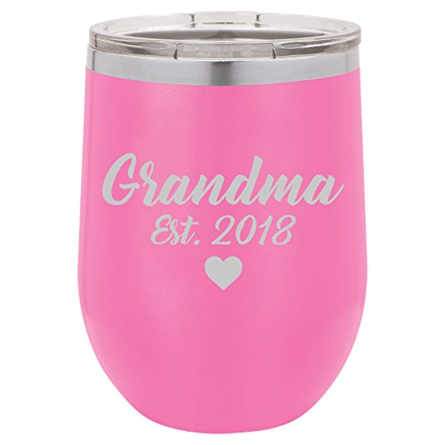 12 oz Double Wall Vacuum Insulated Stainless Steel Stemless Wine Tumbler Glass Coffee Travel Mug With Lid Grandma Est 2018 Grandmother (Hot-Pink)