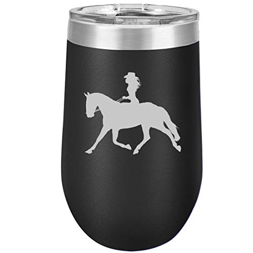 16 oz Double Wall Vacuum Insulated Stainless Steel Stemless Wine Tumbler Glass Coffee Travel Mug With Lid Cowgirl Riding Horse (Black)