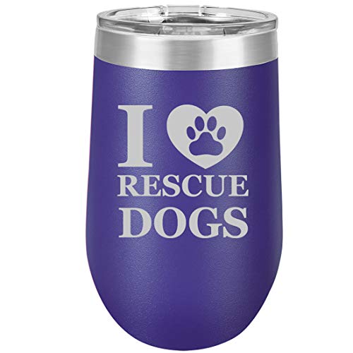 16 oz Double Wall Vacuum Insulated Stainless Steel Stemless Wine Tumbler Glass Coffee Travel Mug With Lid I Heart Love Rescue Dogs (Purple)