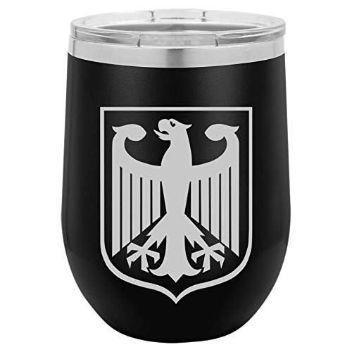 12 oz Double Wall Vacuum Insulated Stainless Steel Stemless Wine Tumbler Glass Coffee Travel Mug With Lid Coat Of Arms Of Germany German Eagle (Black)