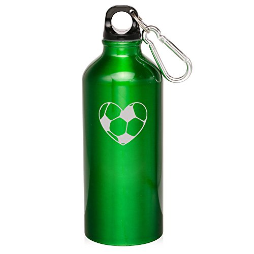 20oz Aluminum Sports Water Bottle Caribiner Clip Heart Soccer Ball (Green)