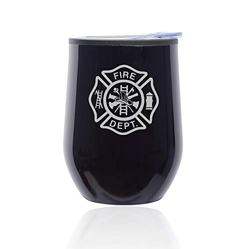 Stemless Wine Tumbler Coffee Travel Mug Glass With Lid Fire Department Maltese Cross (Midnight Black)