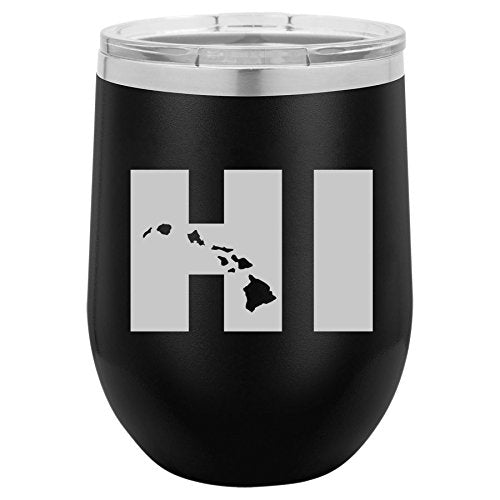 12 oz Double Wall Vacuum Insulated Stainless Steel Stemless Wine Tumbler Glass Coffee Travel Mug With Lid HI Hawaiian Islands Hawaii (Black)