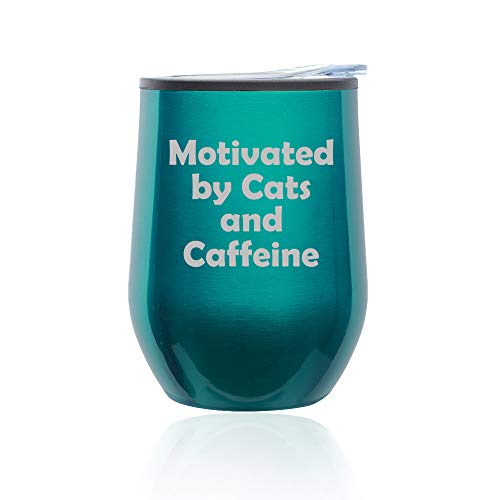 Stemless Wine Tumbler Coffee Travel Mug Glass With Lid Motivated By Cats And Caffeine (Turquoise Teal)