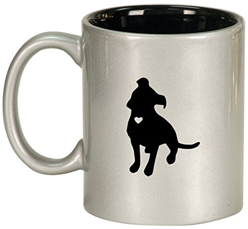 Ceramic Coffee Tea Mug Cup Cute Pit Bull With Heart (Silver)