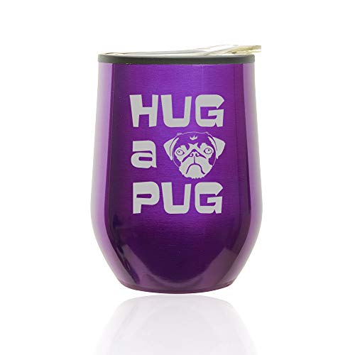 Stemless Wine Tumbler Coffee Travel Mug Glass With Lid Hug A Pug (Royal Purple)