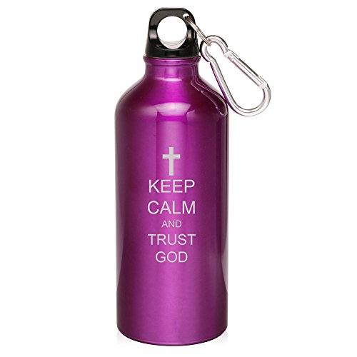 20oz Aluminum Sports Water Bottle Caribiner Clip Keep Calm and Trust God Cross (Purple)